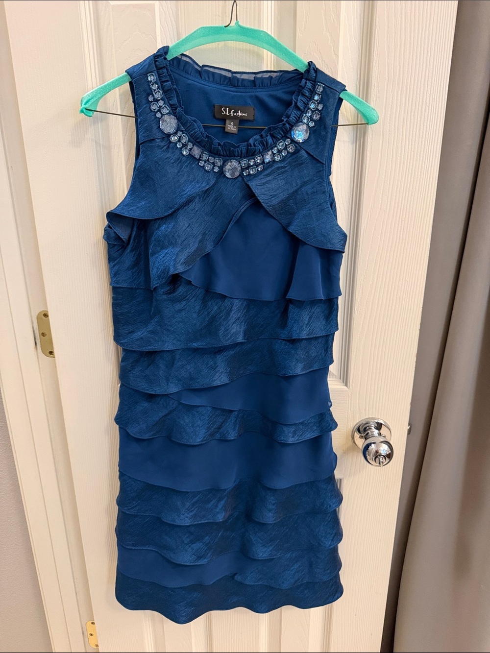 SL Fashions Royal Blue Jeweled Neck Tiered Ruffle Mini Dress